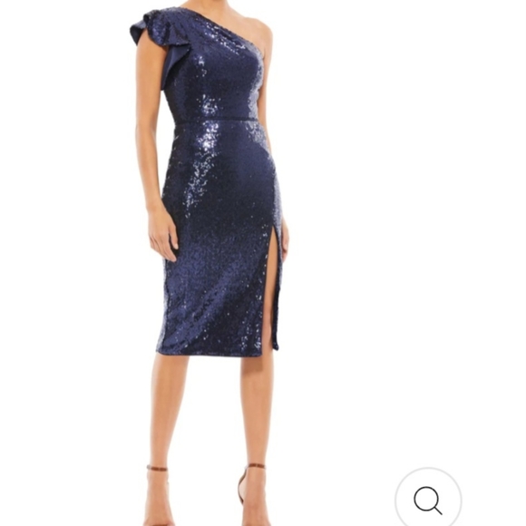 Mac Duggal Dresses & Skirts - Ieena for Mac Dougal One Shoulder Ruffled Sequined Midi Navy Dress